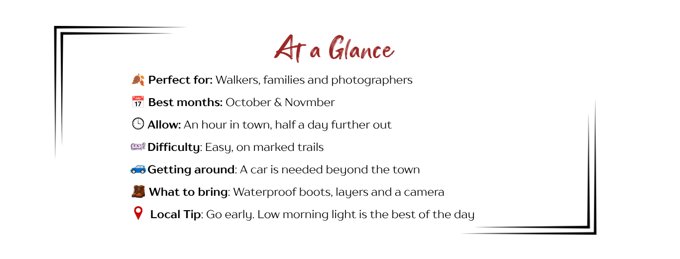 At a Glance. Perfect for: Walkers, families and photographers. Best time to visit: October and November. Allow: An hour in town, half a day further out. Difficulty: Easy, on marked trails. Getting around: A car is needed beyond the town. What to bring: Waterproof boots, layers and a camera. Local Tip: Go early. Low morning light is the best of the day